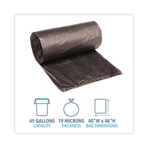 Image of Boardwalk® High-Density Can Liners, 45 gal, 19 mic, 40" x 46", Black, Perforated Roll, 25 Bags/Roll, 6 Rolls/Carton