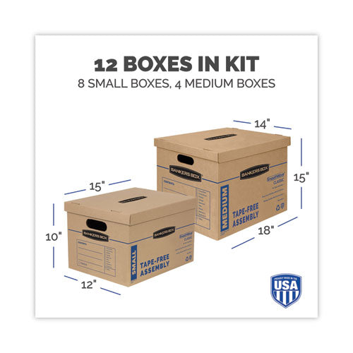 Image of Bankers Box® SmoothMove Classic Moving/Storage Box Kit, Half Slotted Container (HSC), Assorted Sizes: (8) Small, (4) Med, Brown/Blue,12/CT