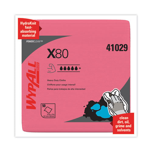 Image of WypAll® Power Clean X80 Heavy Duty Cloths, 12.5 x 12, Red, 50/Box, 4 Boxes/Carton