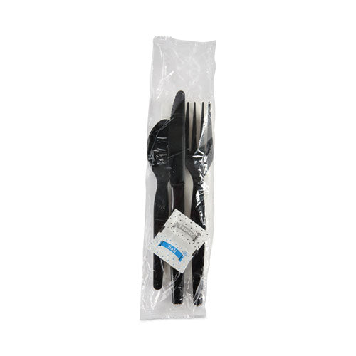 Image of Boardwalk® Six-Piece Cutlery Kit, Heavyweight, Fork/Knife/Napkin/Pepper/Salt/Spoon, Plastic, Black, 250/Carton