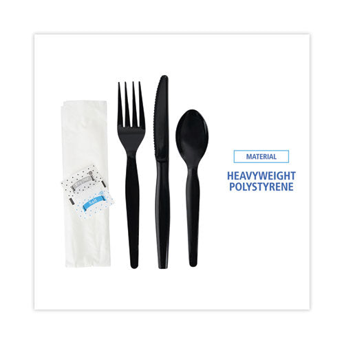 Image of Boardwalk® Six-Piece Cutlery Kit, Heavyweight, Fork/Knife/Napkin/Pepper/Salt/Spoon, Plastic, Black, 250/Carton