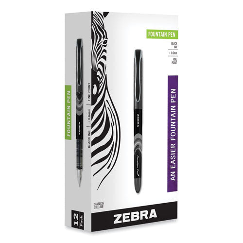 Image of Zebra® Fountain Pen, Fine 0.6 mm, Black Ink, Black/Gray Barrel, 12/Pack