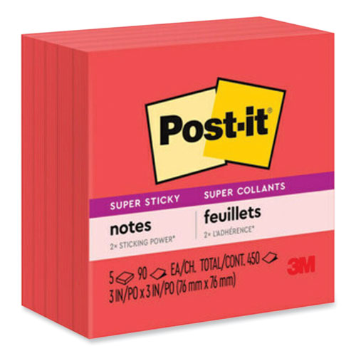 Image of Post-it® Notes Super Sticky Self-Stick Notes, 3" x 3", Saffron Red, 90 Sheets/Pad, 5 Pads/Pack