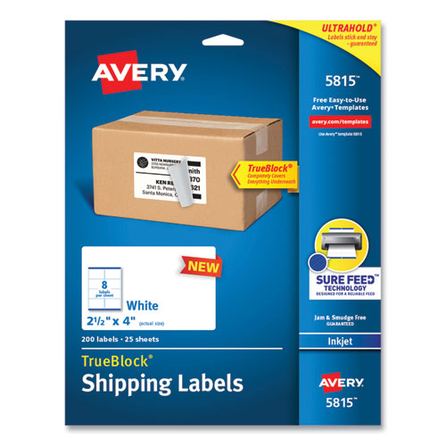 Image of Avery® Shipping Labels with TrueBlock Technology, Inkjet Printers, 2.5 x 4, White, 8 Labels/Sheet, 25 Sheets/Pack