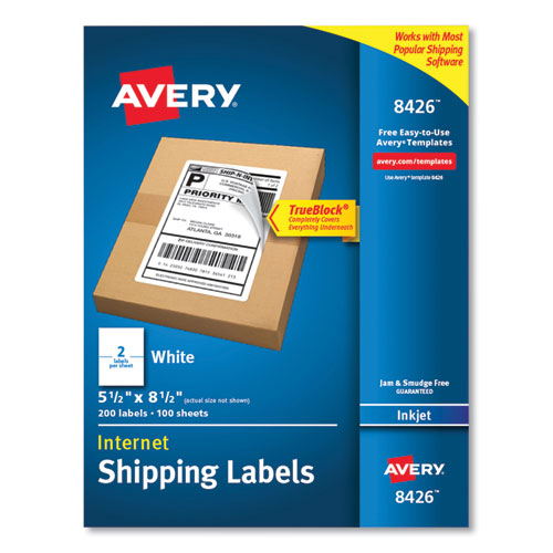 Image of Avery® Shipping Labels with TrueBlock Technology, Inkjet Printers, 5.5 x 8.5, White, 2 Labels/Sheet, 100 Sheets/Pack, 2 Packs