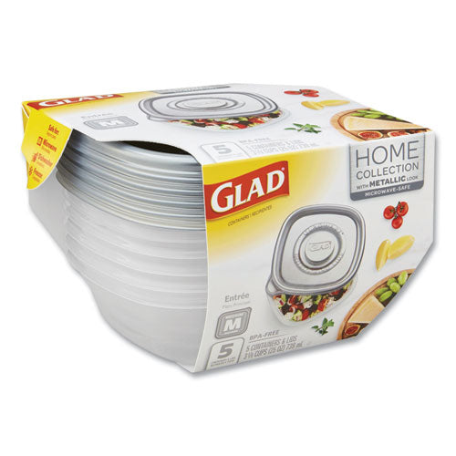 Image of Glad® Home Collection Food Storage Containers With Lids, Medium Square, 25 Oz, Clear/metallic, Plastic, 5/pack