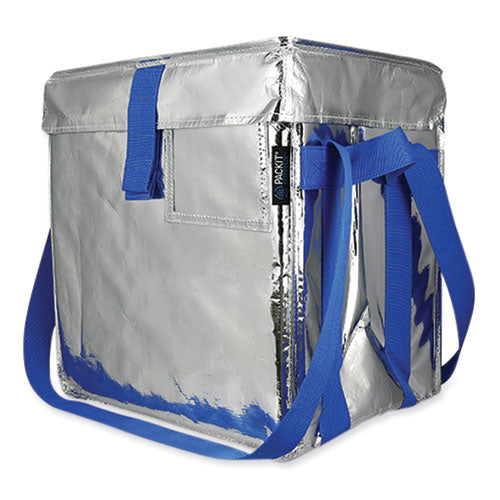 Image of PackIt® Fresh Eco Freeze Tote, (2) Blue Nylon Shoulder Straps, (2) Blue Nylon Strap Handles, 13.5" x 9" x 13", Silver/Blue, 4/Carton
