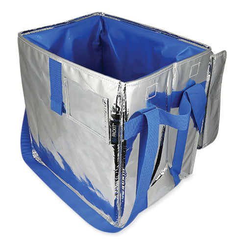 Image of PackIt® Fresh Eco Freeze Tote, (2) Blue Nylon Shoulder Straps, (2) Blue Nylon Strap Handles, 13.5" x 9" x 13", Silver/Blue, 4/Carton