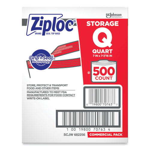 Image of Ziploc® Double Zipper Storage Bags, Quart, 7" x 7.75", Clear, 500/Box