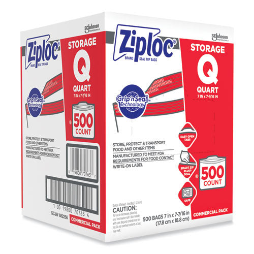 Image of Ziploc® Double Zipper Storage Bags, Quart, 7" x 7.75", Clear, 500/Box