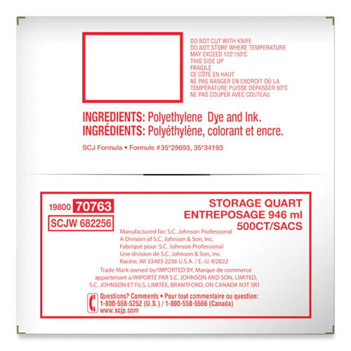 Image of Ziploc® Double Zipper Storage Bags, Quart, 7" x 7.75", Clear, 500/Box