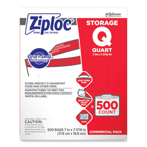 Image of Ziploc® Double Zipper Storage Bags, Quart, 7" x 7.75", Clear, 500/Box