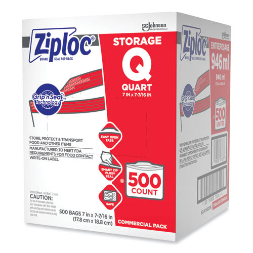 Image of Ziploc® Double Zipper Storage Bags, Quart, 7" x 7.75", Clear, 500/Box