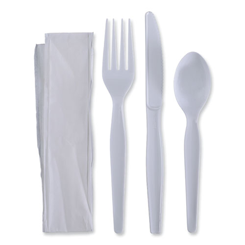 Image of Boardwalk® Four-Piece Cutlery Kit, Heavyweight, Fork/Knife/Napkin/Spoon, Plastic, White, 250/Carton