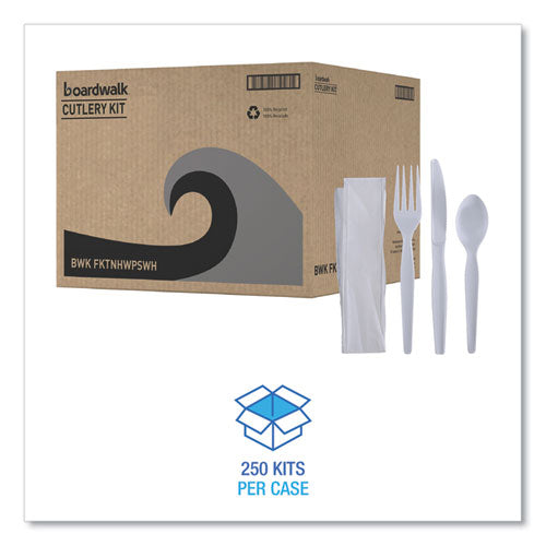 Image of Boardwalk® Four-Piece Cutlery Kit, Heavyweight, Fork/Knife/Napkin/Spoon, Plastic, White, 250/Carton