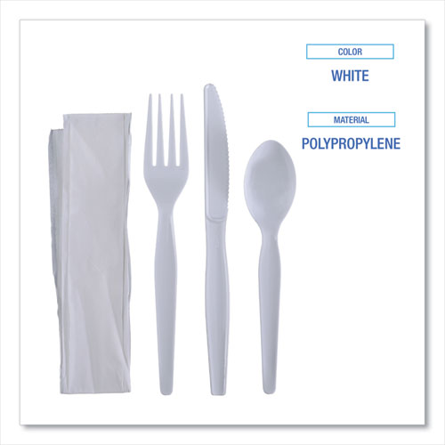 Image of Boardwalk® Four-Piece Cutlery Kit, Heavyweight, Fork/Knife/Napkin/Spoon, Plastic, White, 250/Carton