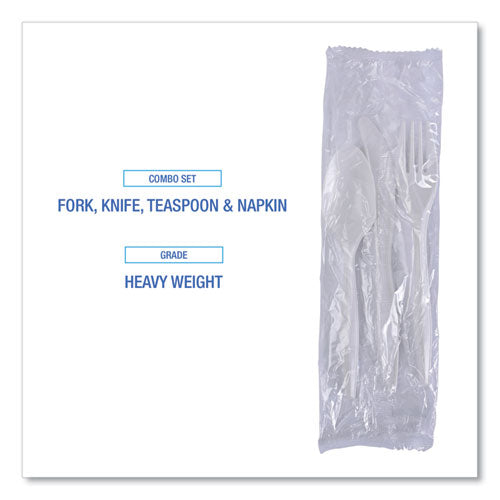 Image of Boardwalk® Four-Piece Cutlery Kit, Heavyweight, Fork/Knife/Napkin/Spoon, Plastic, White, 250/Carton