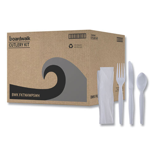 Image of Boardwalk® Four-Piece Cutlery Kit, Heavyweight, Fork/Knife/Napkin/Spoon, Plastic, White, 250/Carton