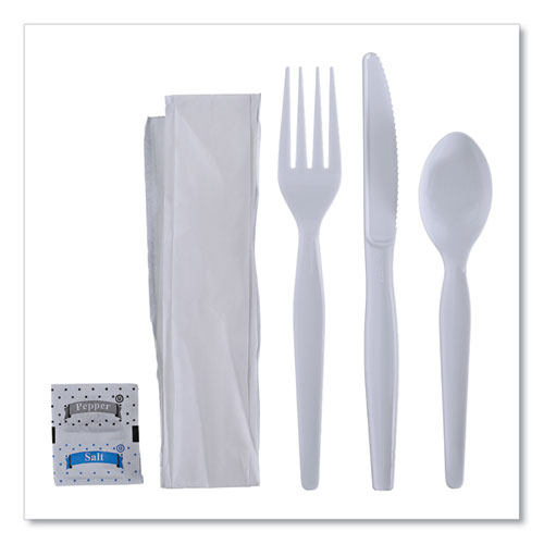 Image of Boardwalk® Six-Piece Cutlery Kit, Heavyweight, Fork/Knife/Napkin/Pepper/Salt/Spoon, Plastic, White, 250/Carton