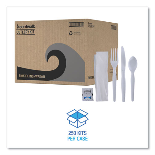 Image of Boardwalk® Six-Piece Cutlery Kit, Heavyweight, Fork/Knife/Napkin/Pepper/Salt/Spoon, Plastic, White, 250/Carton