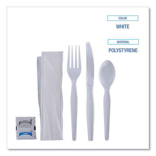 Image of Boardwalk® Six-Piece Cutlery Kit, Heavyweight, Fork/Knife/Napkin/Pepper/Salt/Spoon, Plastic, White, 250/Carton