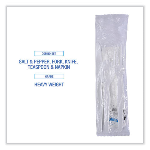 Image of Boardwalk® Six-Piece Cutlery Kit, Heavyweight, Fork/Knife/Napkin/Pepper/Salt/Spoon, Plastic, White, 250/Carton