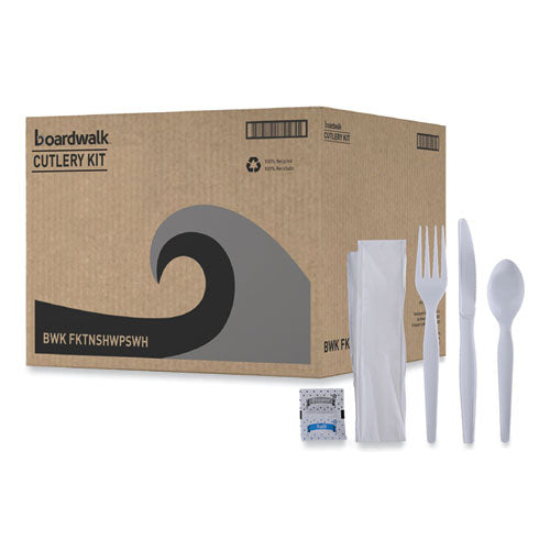 Image of Boardwalk® Six-Piece Cutlery Kit, Heavyweight, Fork/Knife/Napkin/Pepper/Salt/Spoon, Plastic, White, 250/Carton
