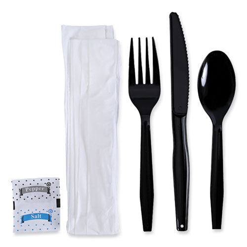 Image of Boardwalk® Six-Piece Cutlery Kit, Mediumweight, Fork/Knife/Napkin/Pepper/Salt/Spoon, Plastic, Black, 250/Carton