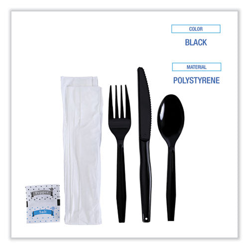 Image of Boardwalk® Six-Piece Cutlery Kit, Mediumweight, Fork/Knife/Napkin/Pepper/Salt/Spoon, Plastic, Black, 250/Carton
