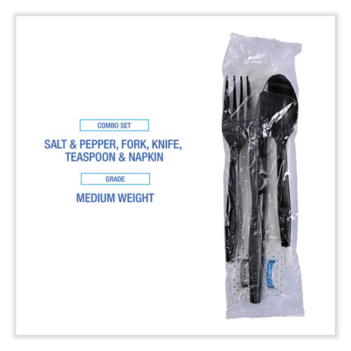 Image of Boardwalk® Six-Piece Cutlery Kit, Mediumweight, Fork/Knife/Napkin/Pepper/Salt/Spoon, Plastic, Black, 250/Carton