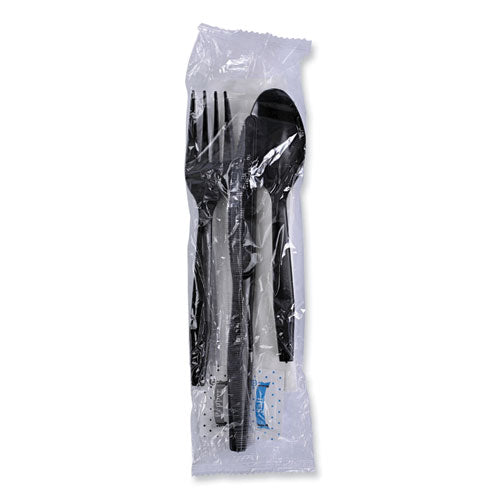 Image of Boardwalk® Six-Piece Cutlery Kit, Mediumweight, Fork/Knife/Napkin/Pepper/Salt/Spoon, Plastic, Black, 250/Carton