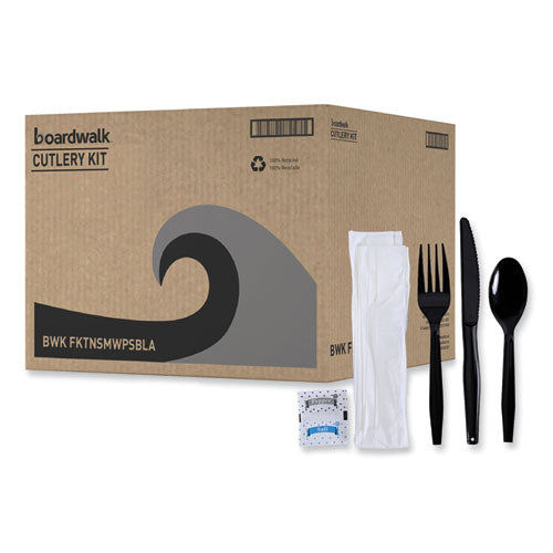 Image of Boardwalk® Six-Piece Cutlery Kit, Mediumweight, Fork/Knife/Napkin/Pepper/Salt/Spoon, Plastic, Black, 250/Carton