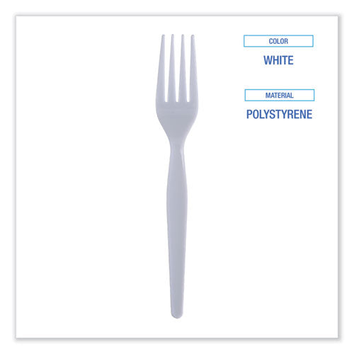 Image of Boardwalk® Heavyweight Polystyrene Cutlery, Fork, Plastic, White, 1,000/Carton