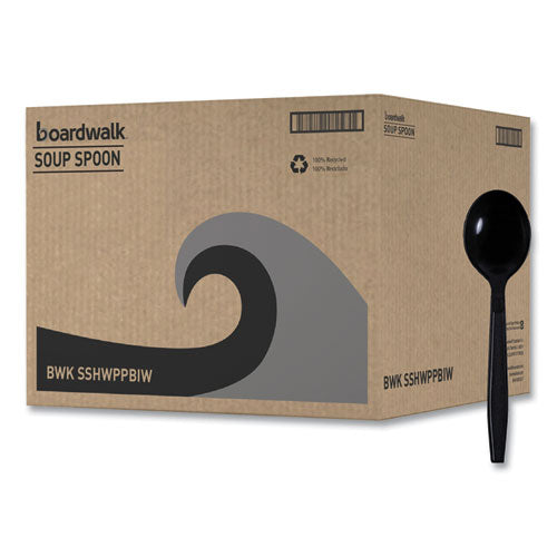 Image of Boardwalk® Heavyweight Wrapped Polypropylene Cutlery, Soup Spoon, Plastic, Black, 1,000/Carton