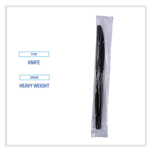 Image of Boardwalk® Heavyweight Wrapped Polystyrene Cutlery, Knife, Plastic, Black, 1,000/Carton