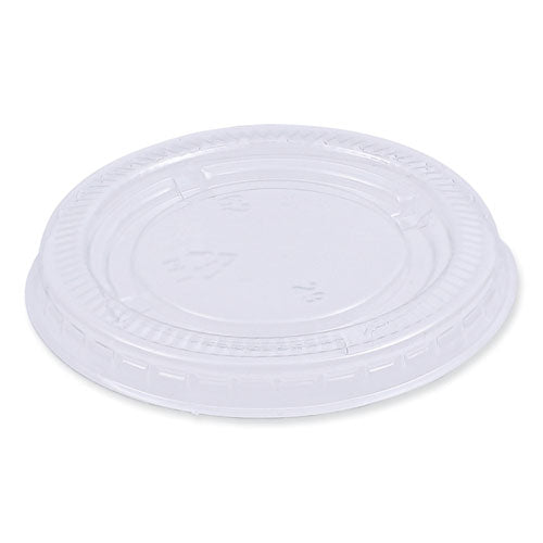 Image of Boardwalk® Souffle/Portion Cup Lids, Fits 1.5 oz and 2 oz Portion Cups, Plastic, Clear, 2,500/Carton