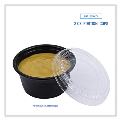 Image of Boardwalk® Souffle/Portion Cup Lids, Fits 1.5 oz and 2 oz Portion Cups, Plastic, Clear, 2,500/Carton