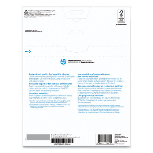 Image of HP Premium Plus Photo Paper, 11.5 Mil, 8.5 X 11, Glossy White, 50/pack