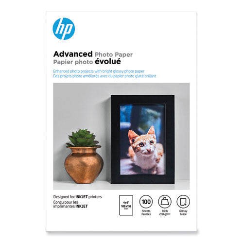 Image of HP Advanced Photo Paper, 10.5 Mil, 4 X 6, Glossy White, 100/pack