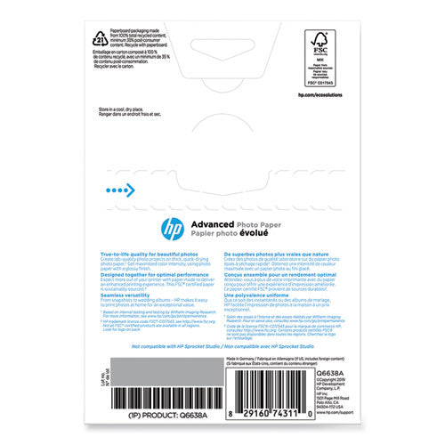 Image of HP Advanced Photo Paper, 10.5 Mil, 4 X 6, Glossy White, 100/pack