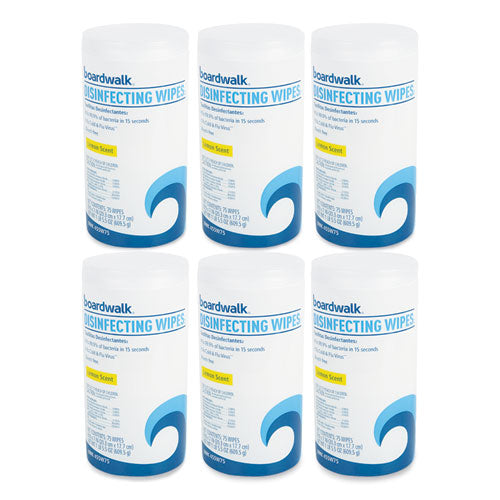 Image of Boardwalk® Quat-Based Disinfecting Wipes, 7 x 8, Lemon Scent, 75/Canister, 6 Canisters/Carton