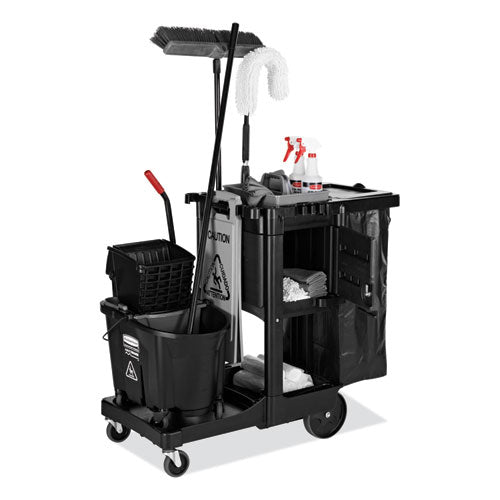 Image of Rubbermaid® Commercial Executive Janitorial Cleaning Cart, Plastic, 4 Shelves, 1 Bin, 12.1" x 22.4" x 23", Black