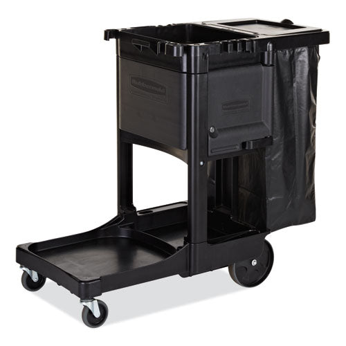 Image of Rubbermaid® Commercial Executive Janitorial Cleaning Cart, Plastic, 4 Shelves, 1 Bin, 12.1" x 22.4" x 23", Black