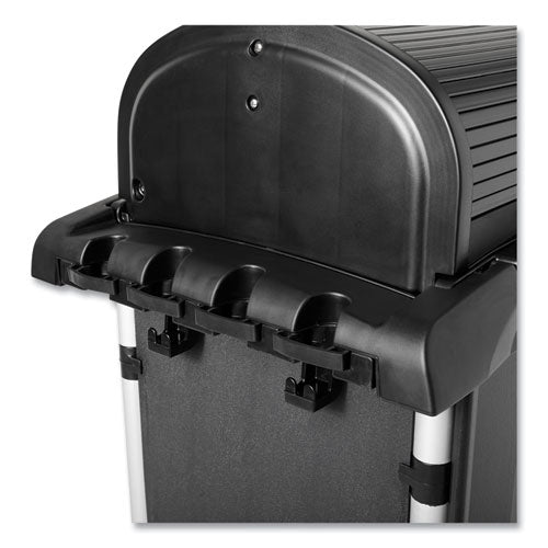 Image of Rubbermaid® Commercial Executive High Security Janitorial Cleaning Cart, Plastic, 4 Shelves, 1 Bin, 23.1" x 39.6" x 27.5", Black