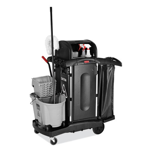 Image of Rubbermaid® Commercial Executive High Security Janitorial Cleaning Cart, Plastic, 4 Shelves, 1 Bin, 23.1" x 39.6" x 27.5", Black