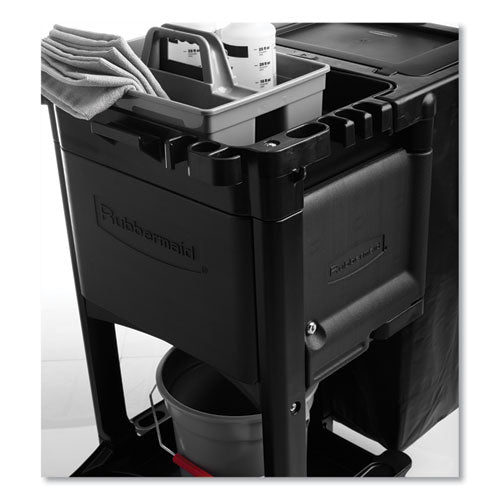 Image of Rubbermaid® Commercial Executive Janitorial Cleaning Cart, Plastic, 4 Shelves, 1 Bin, 12.1" x 22.4" x 23", Black