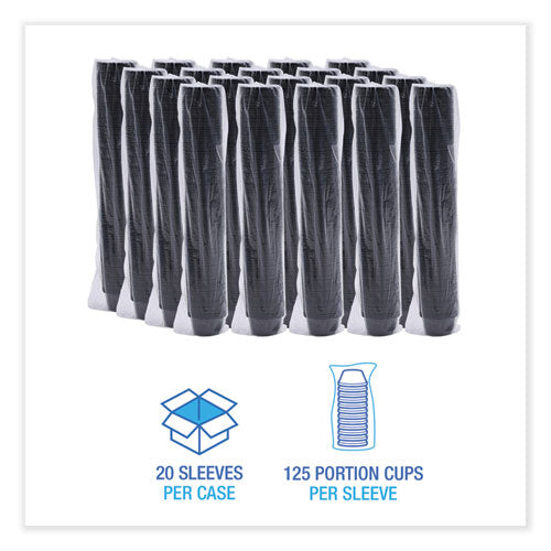 Image of Boardwalk® Souffle/Portion Cups, 2 oz, Plastic, Black, 125/Sleeve, 20 Sleeves/Carton
