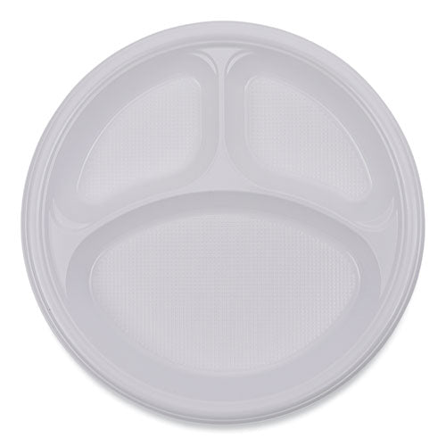 Image of Boardwalk® Hi-Impact Plastic Dinnerware, 3-Compartment Plate, 10" dia, White, 500/Carton