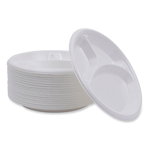 Image of Boardwalk® Hi-Impact Plastic Dinnerware, 3-Compartment Plate, 10" dia, White, 500/Carton