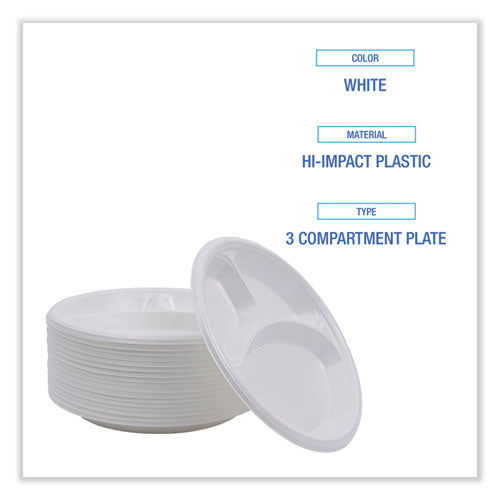 Image of Boardwalk® Hi-Impact Plastic Dinnerware, 3-Compartment Plate, 10" dia, White, 500/Carton
